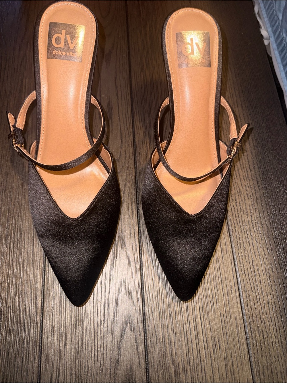 Dolce Vita Black Satin Pointed Slingback Mules